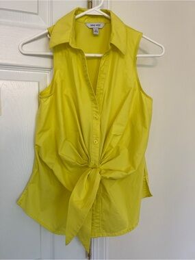 Nine West Bright Yellow Sleeveless Button-Front Tie Blouse